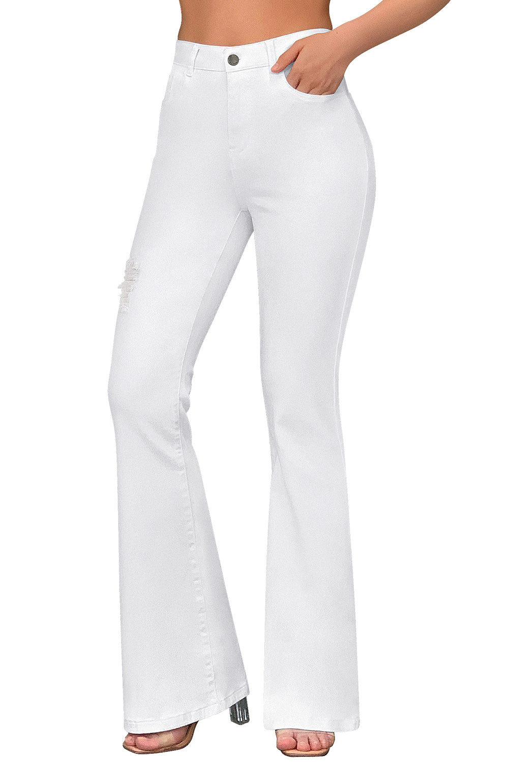 High Rise Ripped Raw Hemline Flare Jeans#color_white