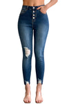 Blue Button Fly High Waist Ripped Skinny Fit Ankle Jeans