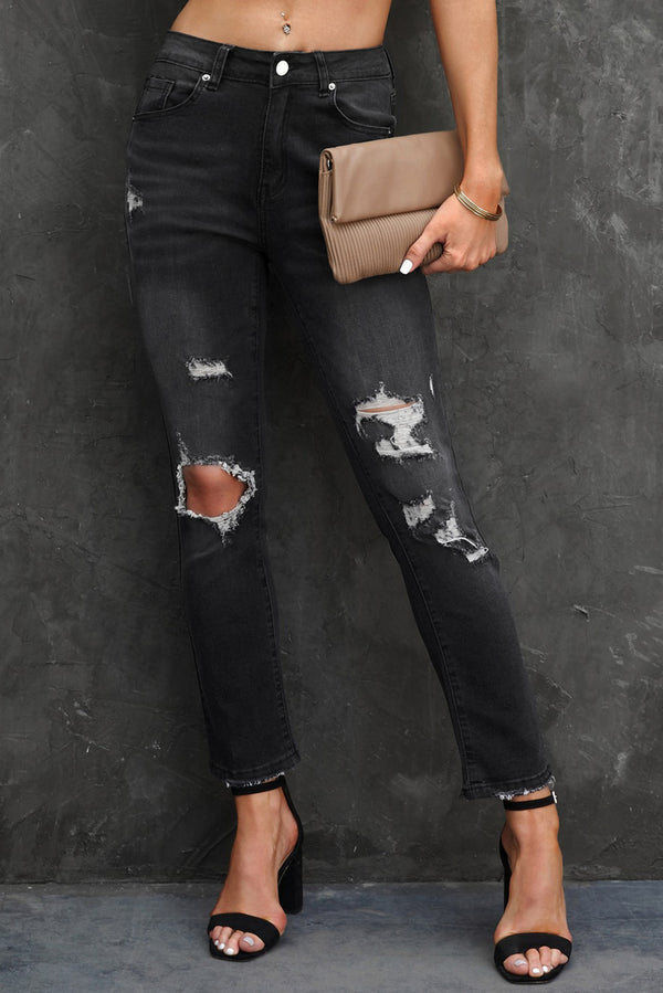 Black Distressed Holes Straight Jeans