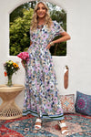 Purple Buttons Closure Floral Short Sleeves Maxi Dress