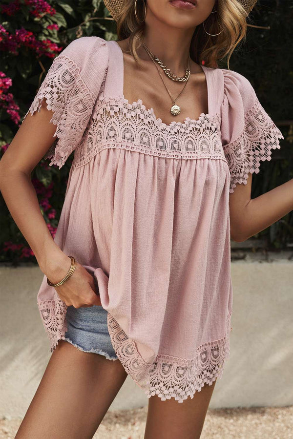 Lace Splicing Square Neck Cap Sleeve Top