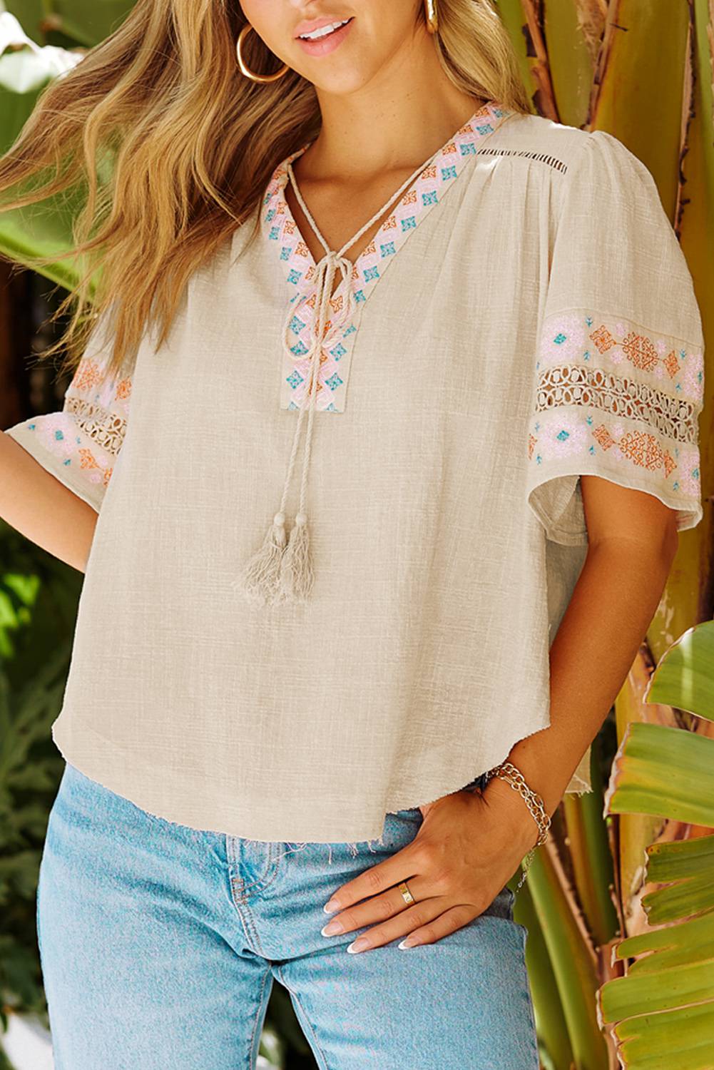 Tassel Drawstring Embroidered Top