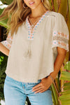 Tassel Drawstring Embroidered Top