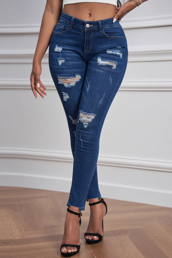 Mid Rise Ripped Stretchy Ankle Skinny Jeans