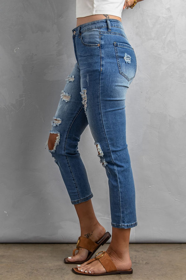 Mid Rise Ripped Crop Slim Jeans