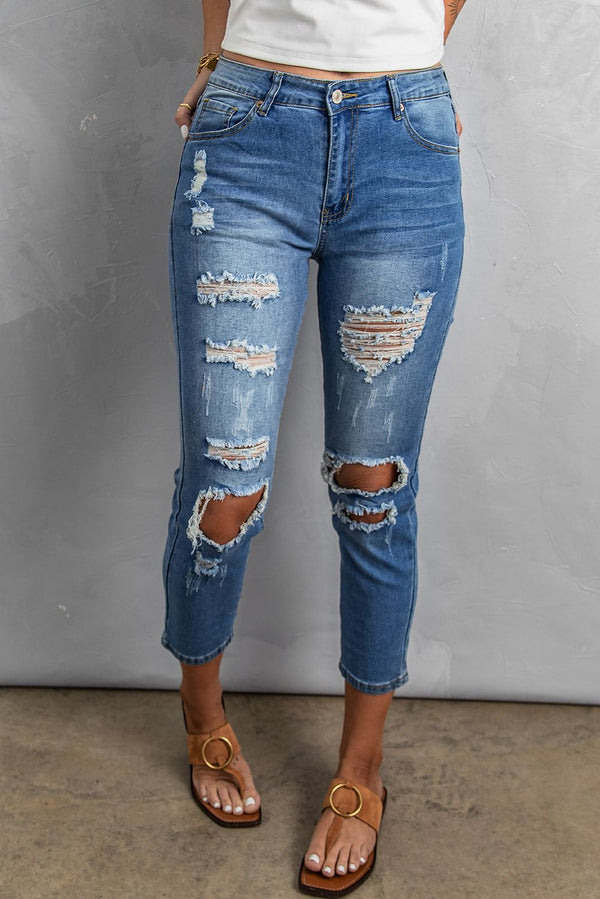 Mid Rise Ripped Crop Slim Jeans
