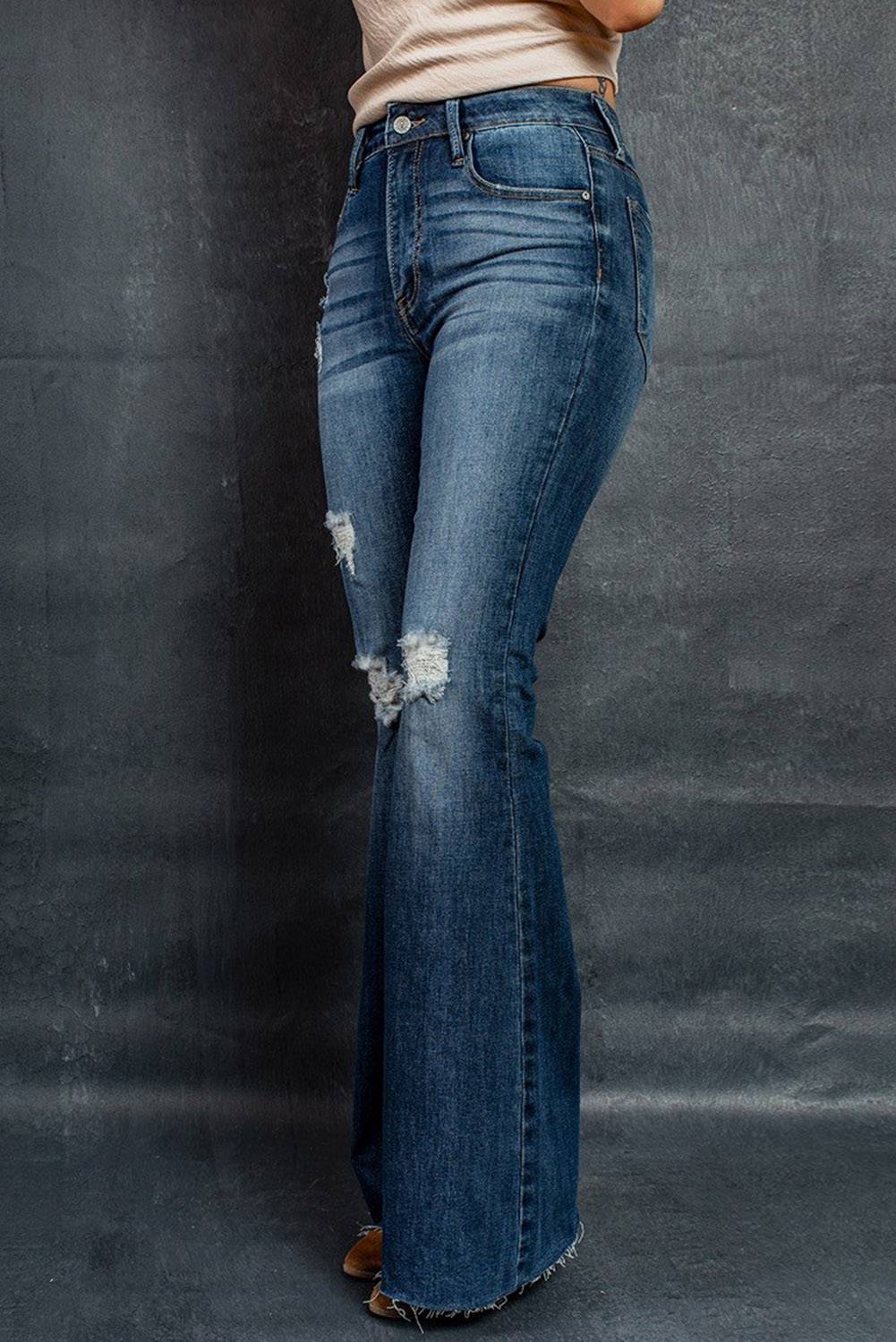 Mid Rise Ripped Flare Jeans