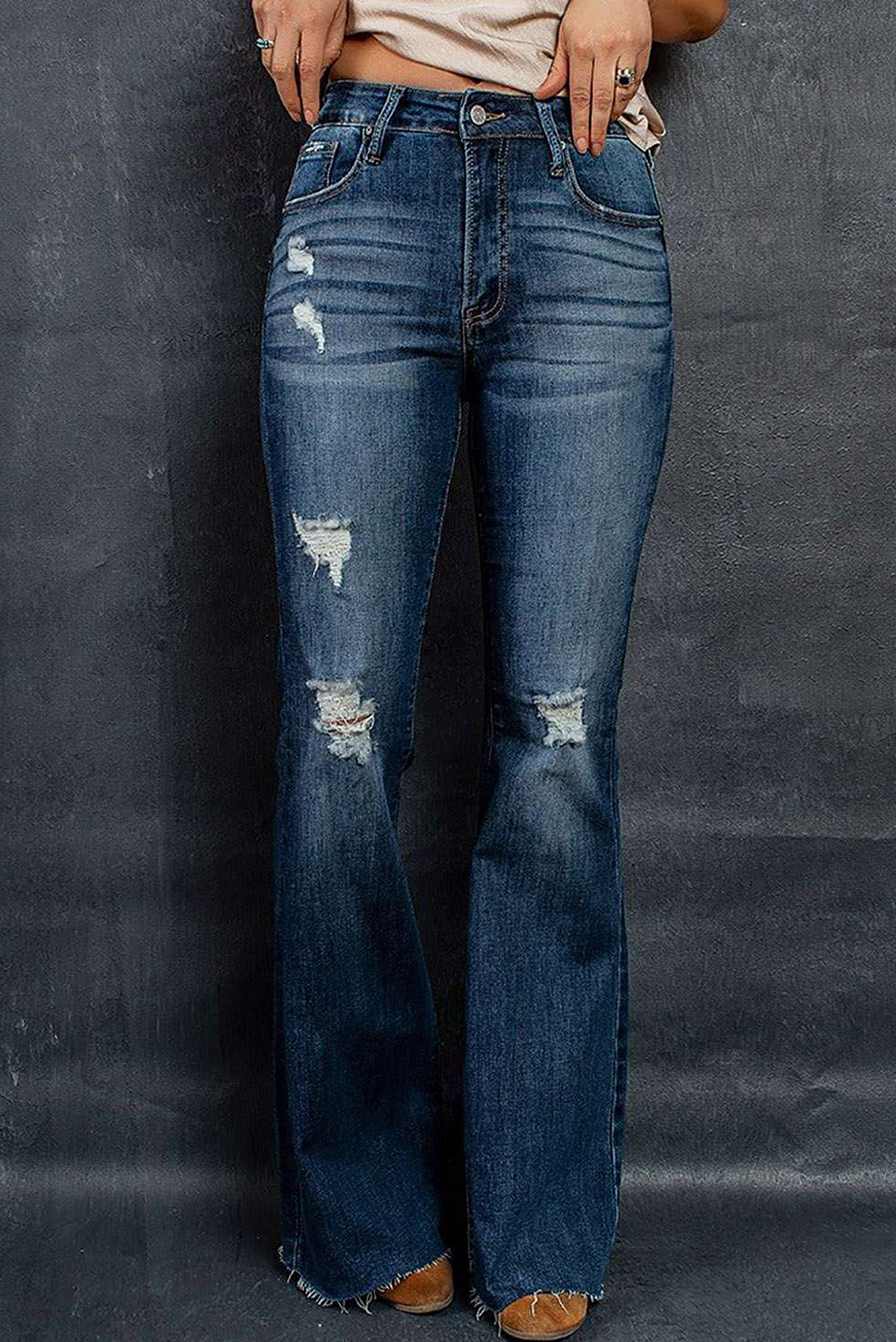 Mid Rise Ripped Flare Jeans