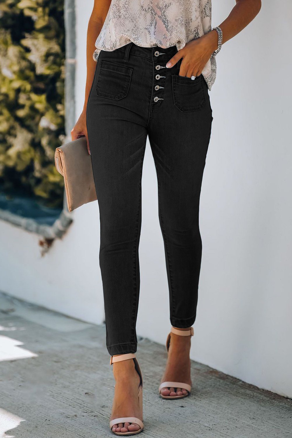 High Rise Button Fly Pockets Skinny Jeans