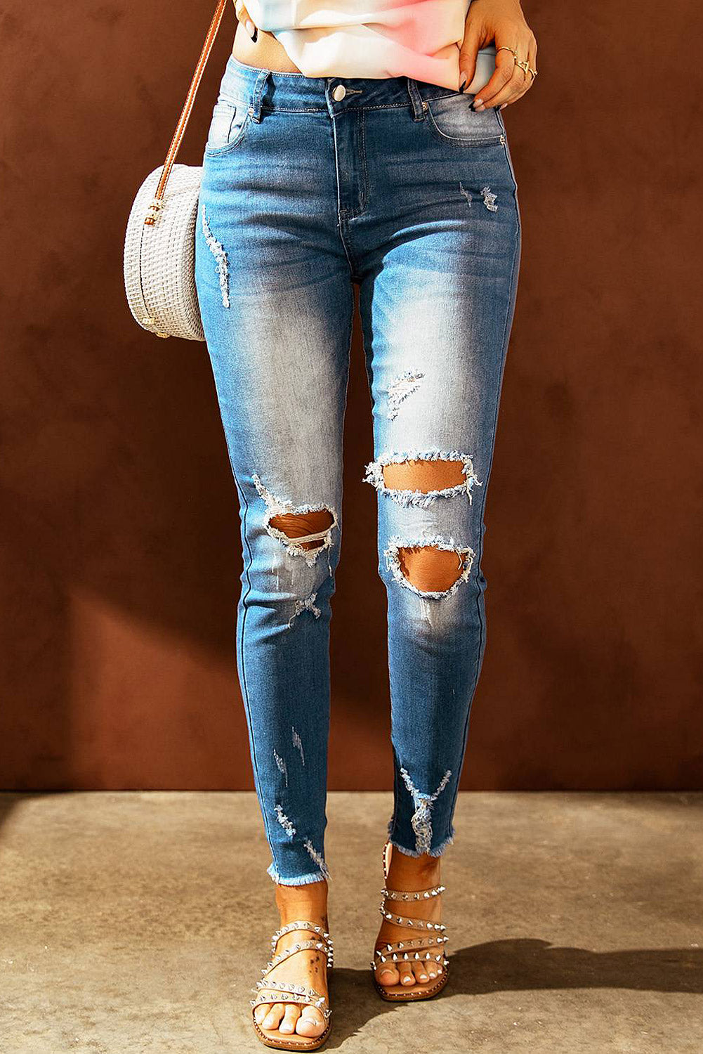 Mid Rise Ripped Ankle Fray Hem Skinny Jeans