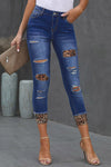 Mid Rise Leopard Patchwork Ripped Skinny Jeans