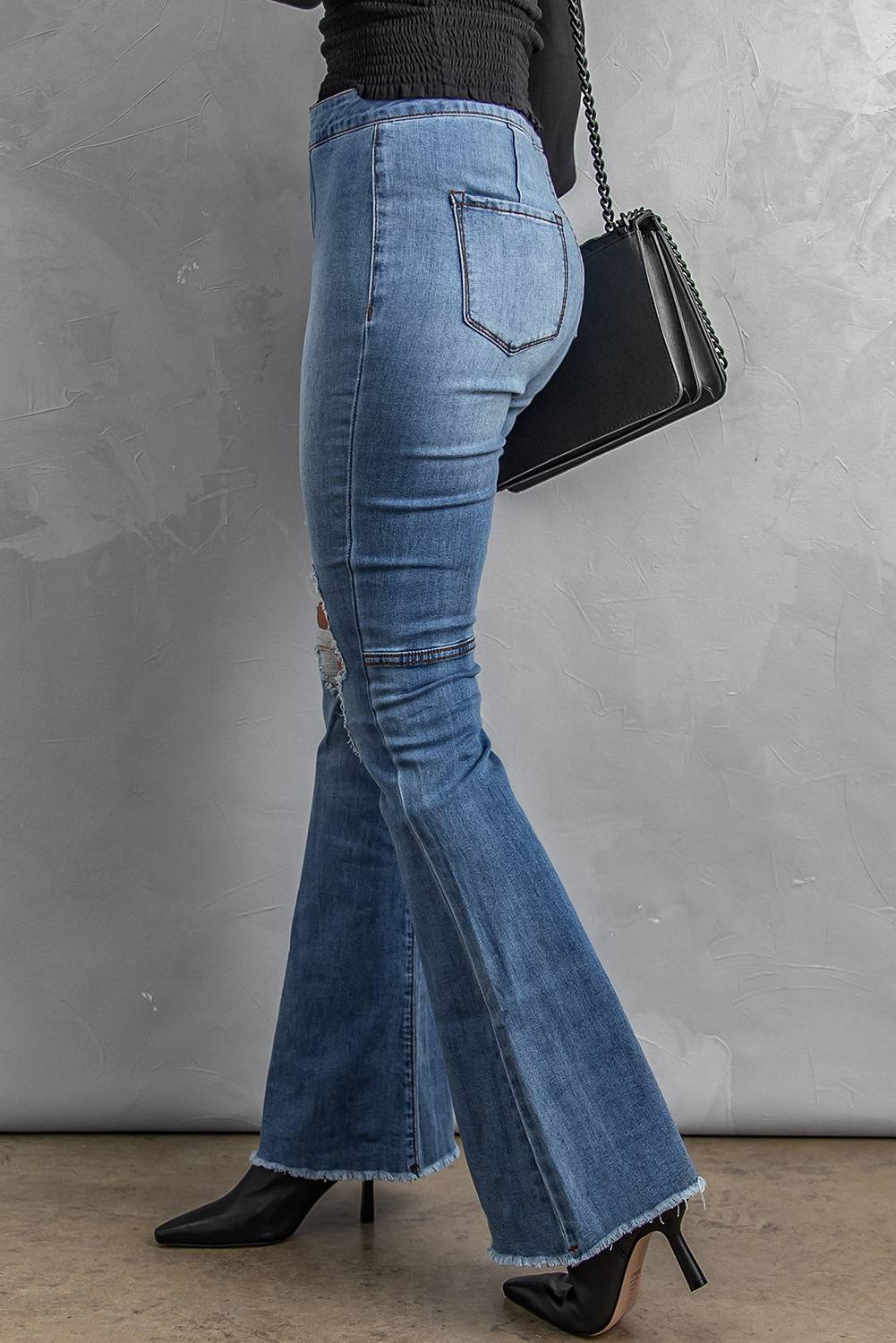 High Rise Hollow-out Raw Hem Flare Jeans