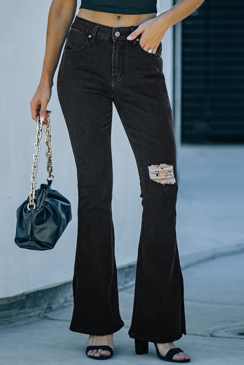 Mid Rise Slit Legs Ripped Flare Jeans