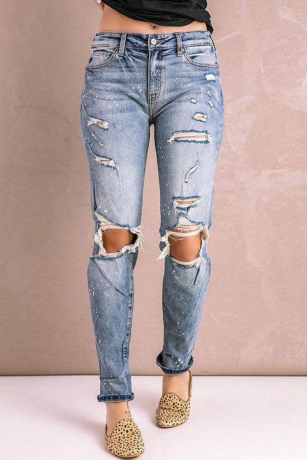 Mid Rise Hollow-out Ripped Slim Jeans