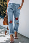 High Rise Patchwork Drawstring Straight Jeans