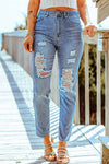 Mid Rise Distressed Slits Straight Jeans