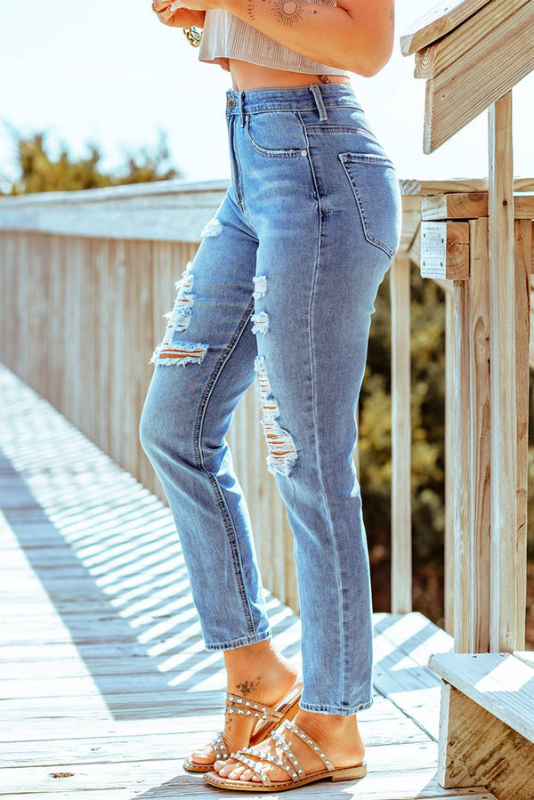 Mid Rise Distressed Slits Straight Jeans