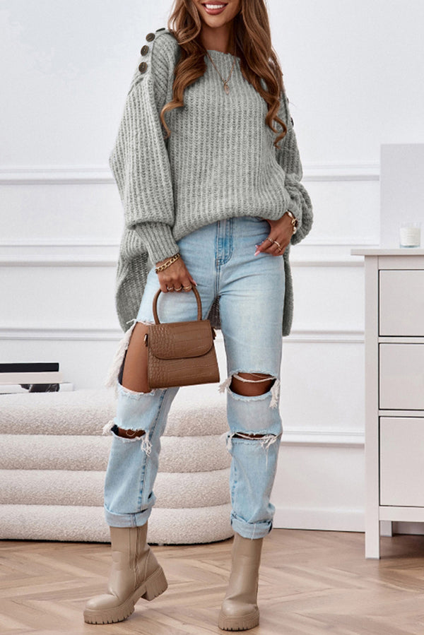 Gray Buttoned Drop Shoulder Oversized Sweater