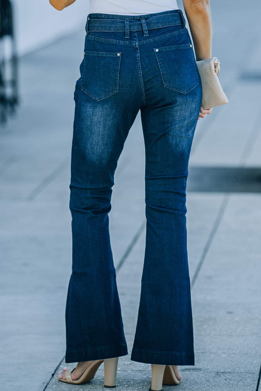 High Rise Belt Attached Flare Jeans