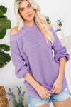 Purple Women's Winter Casual Loose Halter Neck Cold Shoulder Ribbed Knit Sweater