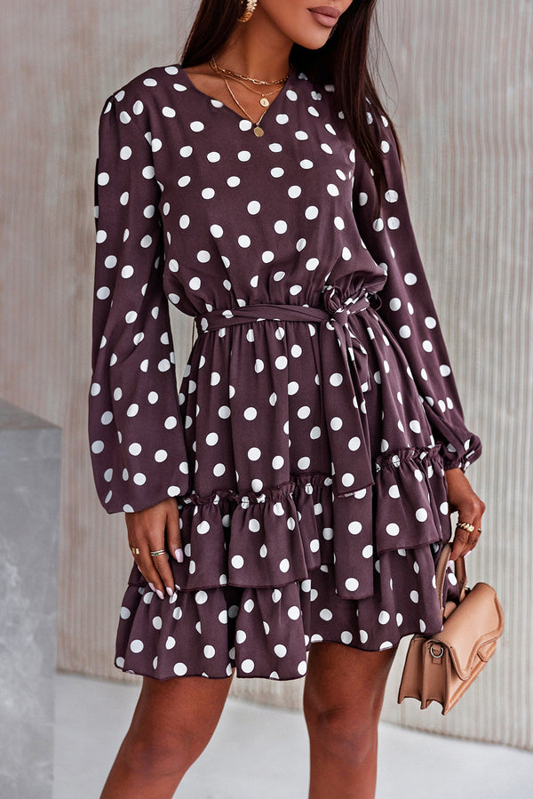 Brown Polka Dot Print Lace-up Ruffled Mini Dress