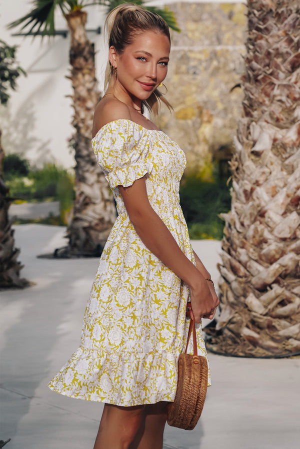 Yellow Shirred Flounce Off Shoulder Floral Dress
