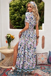 Purple Buttons Closure Floral Short Sleeves Maxi Dress