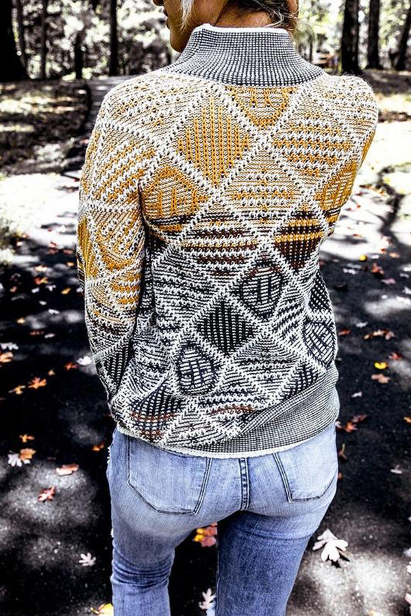 High Neck Geometric Colorblock Sweater